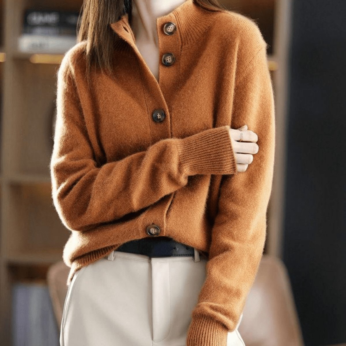 Rosalind | Women's Cashmere Blend Button-Front Mock Neck Knit Cardigan