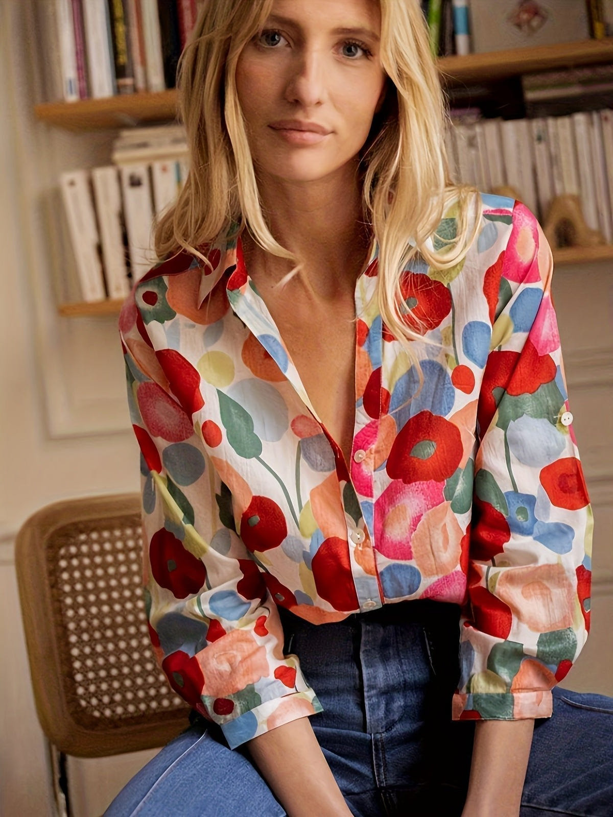 Poppy | Floral Print Spread Collar Long Sleeve Oversized Blouse