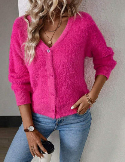 Nolwenn | Women's Fluffy V-Neck Button-Front Knit Cardigan