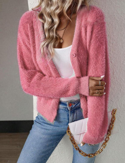 Nolwenn | Women's Fluffy V-Neck Button-Front Knit Cardigan