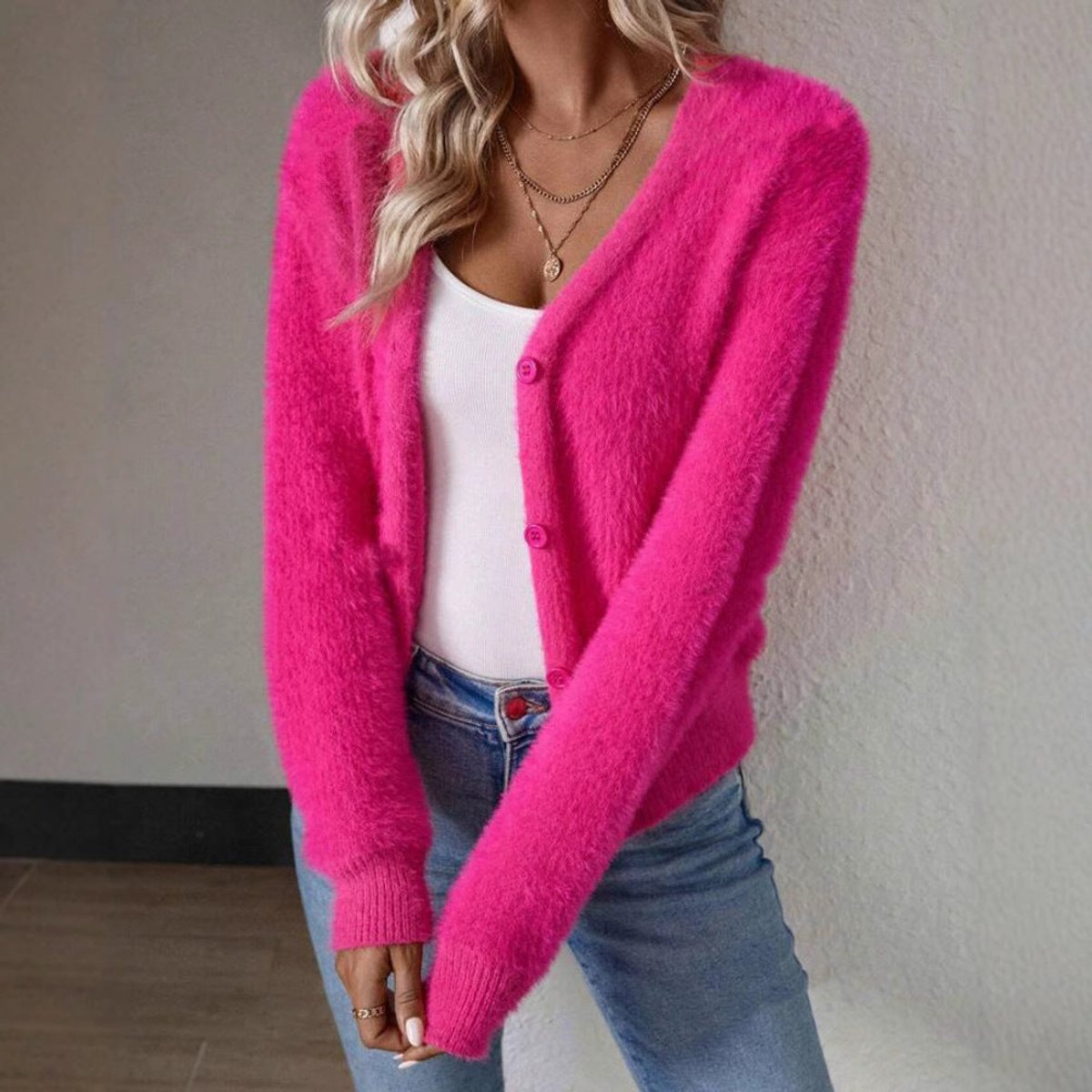 Nolwenn | Women's Fluffy V-Neck Button-Front Knit Cardigan