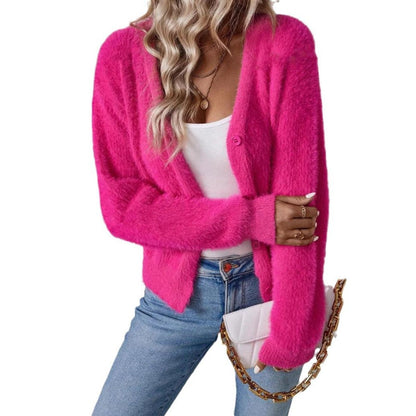 Nolwenn | Women's Fluffy V-Neck Button-Front Knit Cardigan