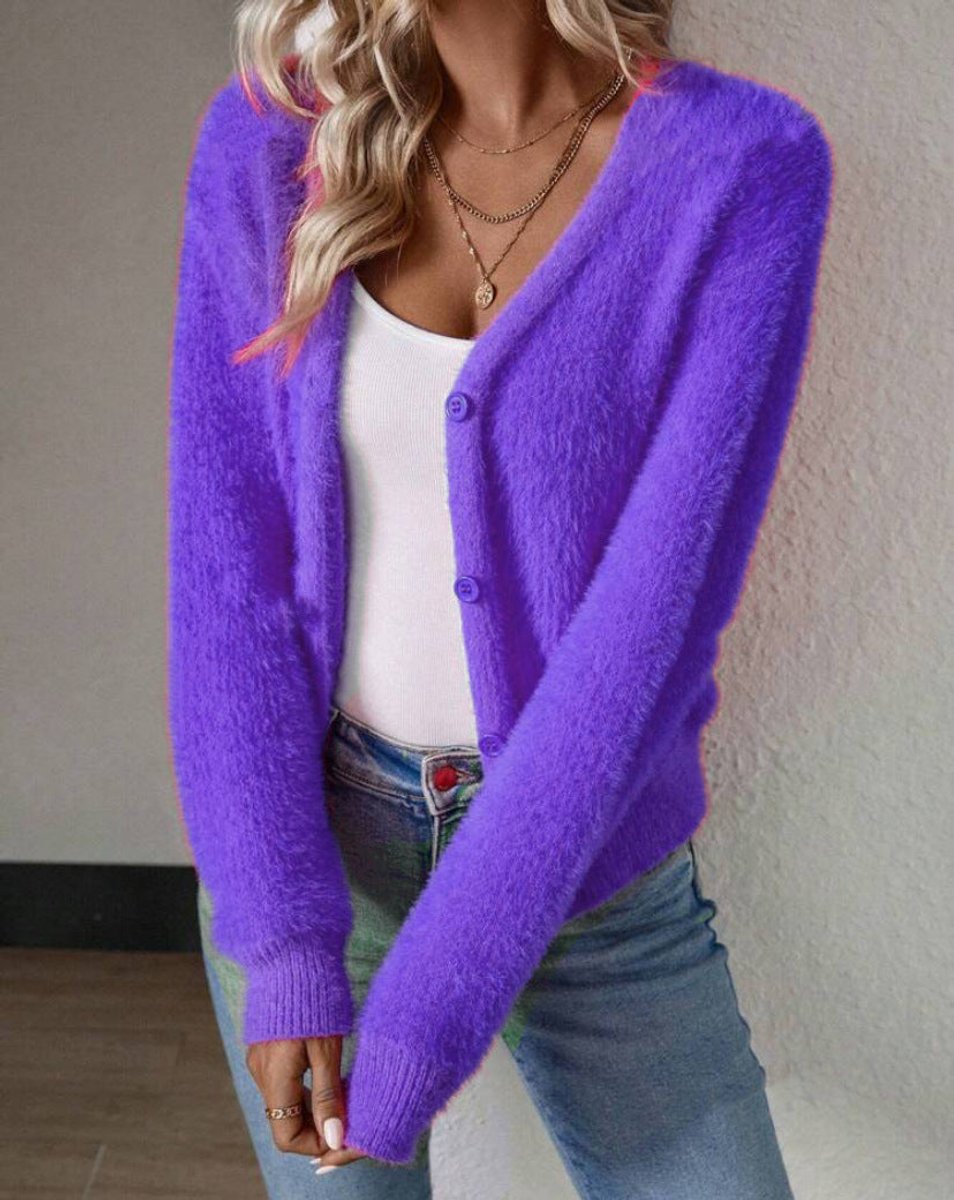 Nolwenn | Women's Fluffy V-Neck Button-Front Knit Cardigan