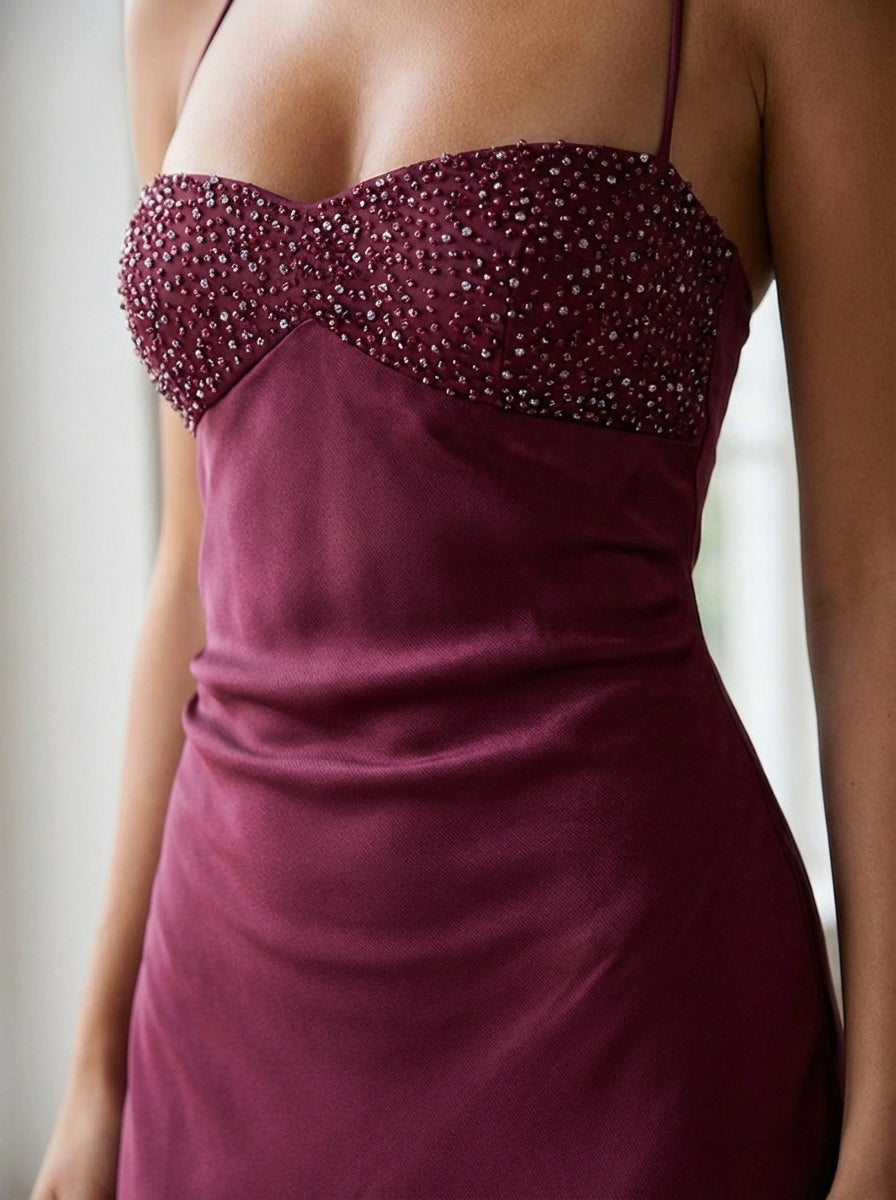 Celeste | Satin Formal Maxi Dress Pearl Beaded Halter Backless