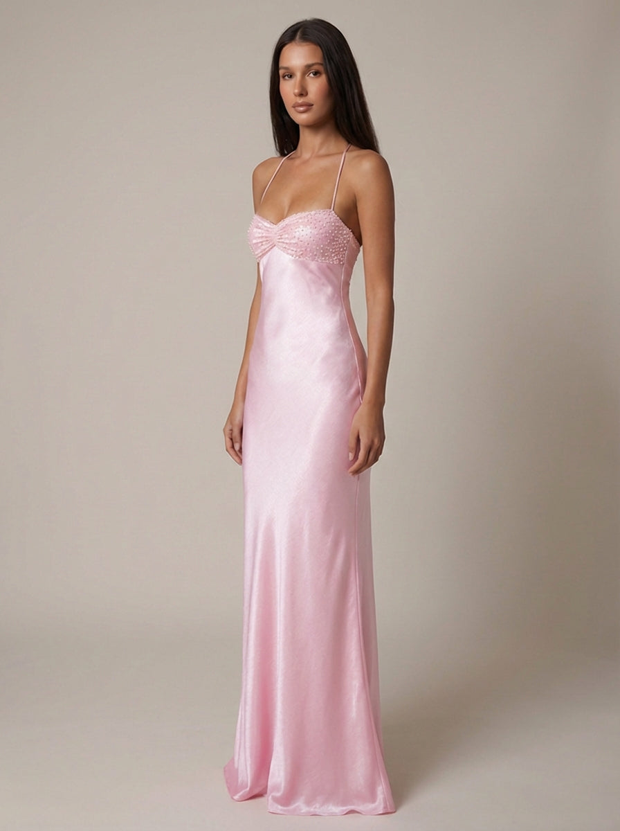Celeste | Satin Formal Maxi Dress Pearl Beaded Halter Backless