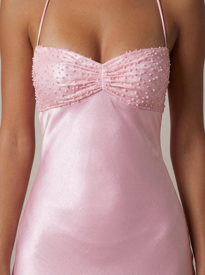 Celeste | Satin Formal Maxi Dress Pearl Beaded Halter Backless