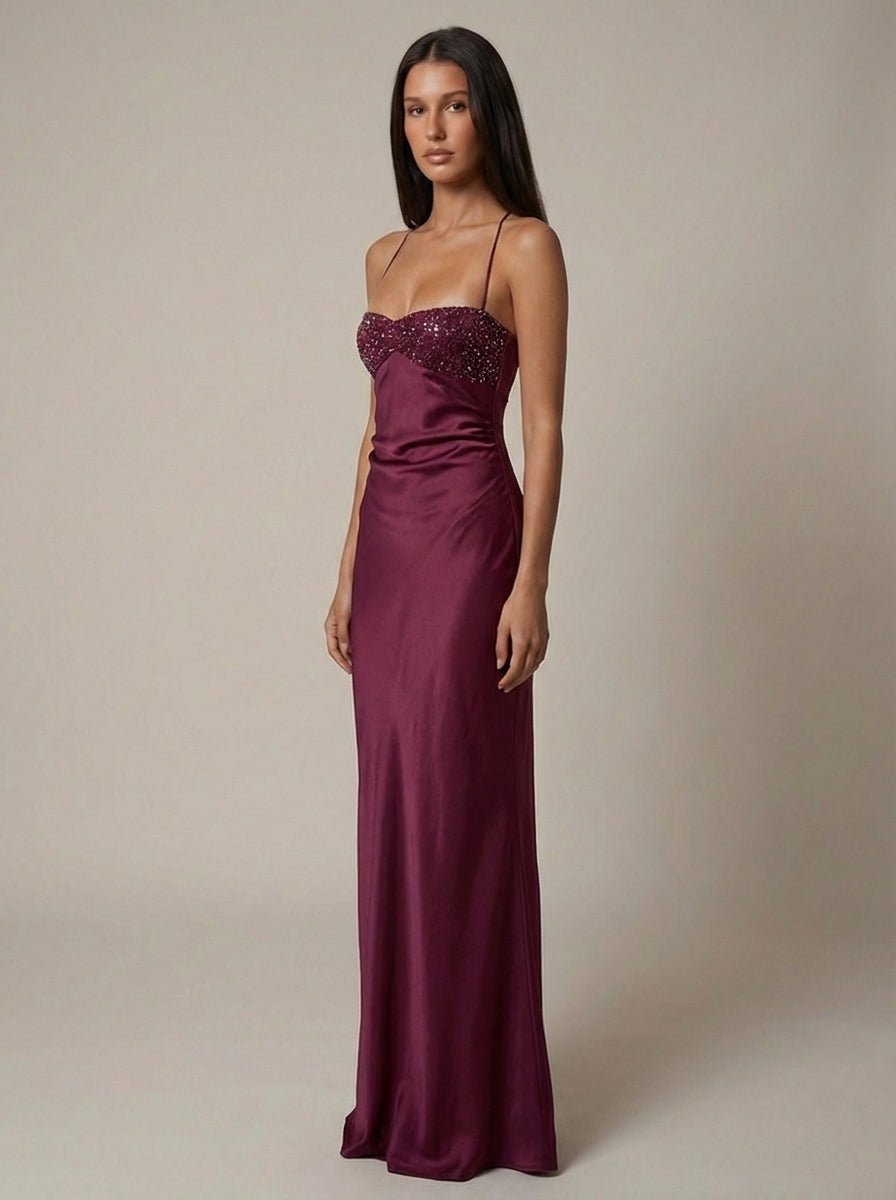 Celeste | Satin Formal Maxi Dress Pearl Beaded Halter Backless