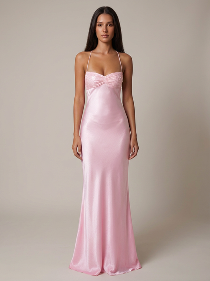Celeste | Satin Formal Maxi Dress Pearl Beaded Halter Backless