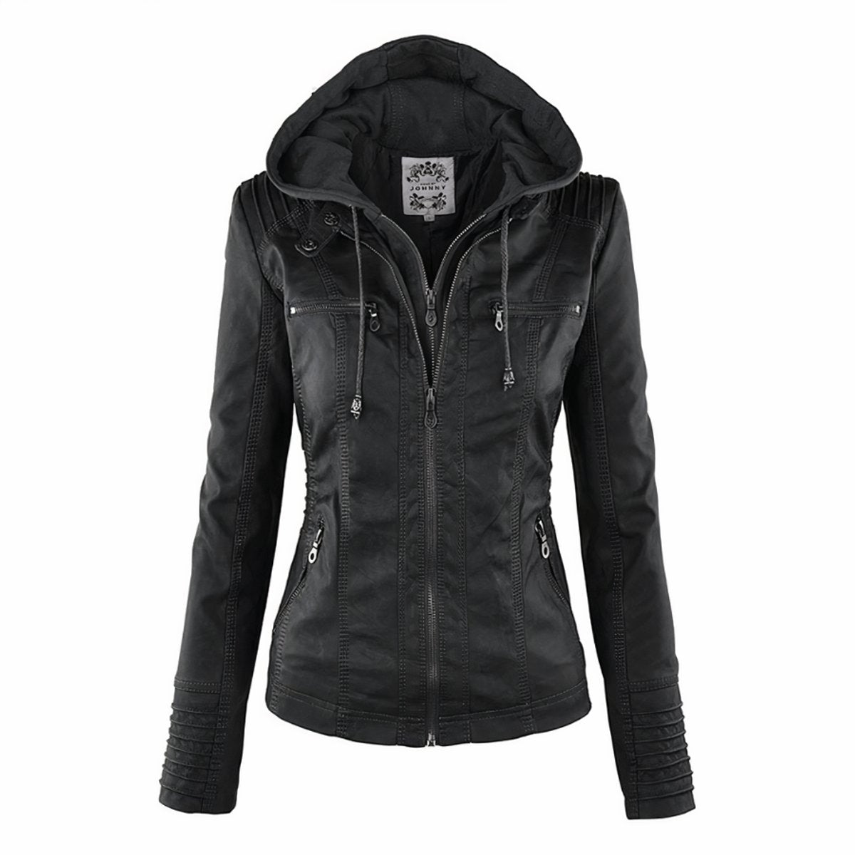 Rosalind | Women's Hooded Moto Faux Leather Removable Hood Jacket