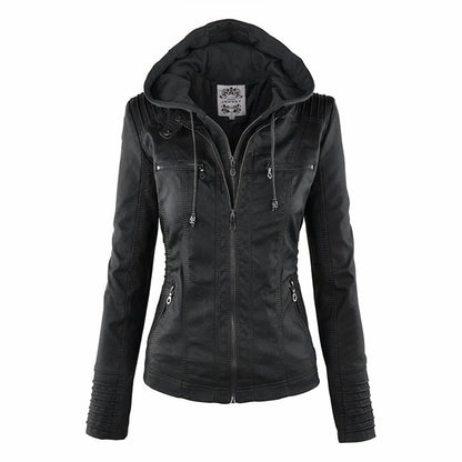 Rosalind | Women's Hooded Moto Faux Leather Removable Hood Jacket