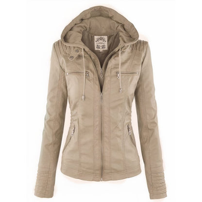 Rosalind | Women's Hooded Moto Faux Leather Removable Hood Jacket