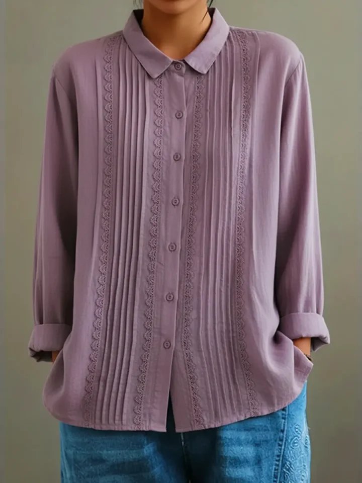 Rosalind | Women's Lace Trim Pleated Front Button-Up Long Sleeve Blouse