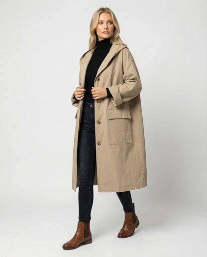 Wrenna | Women's Long Hooded Longline Trench Coat
