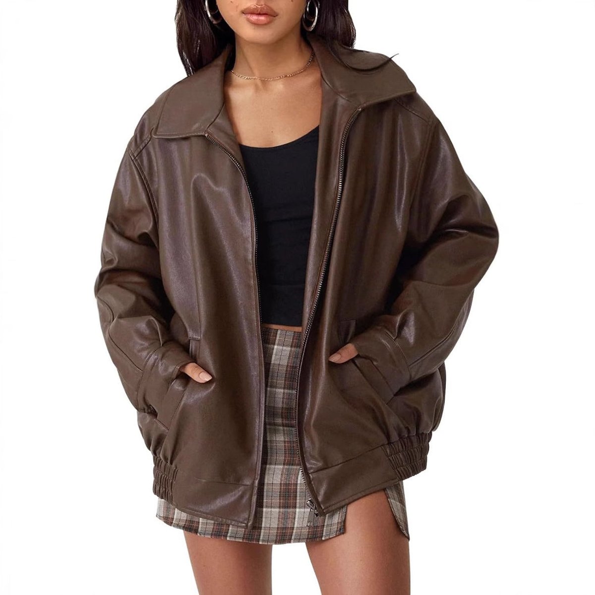 Thora | Women's Oversized Faux Leather Zip-Up Bomber Jacket