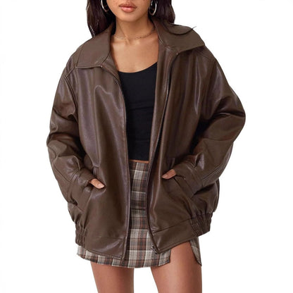 Thora | Women's Oversized Faux Leather Zip-Up Bomber Jacket