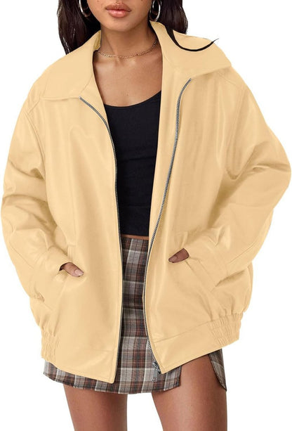 Thora | Women's Oversized Faux Leather Zip-Up Bomber Jacket