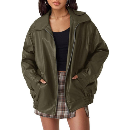 Thora | Women's Oversized Faux Leather Zip-Up Bomber Jacket