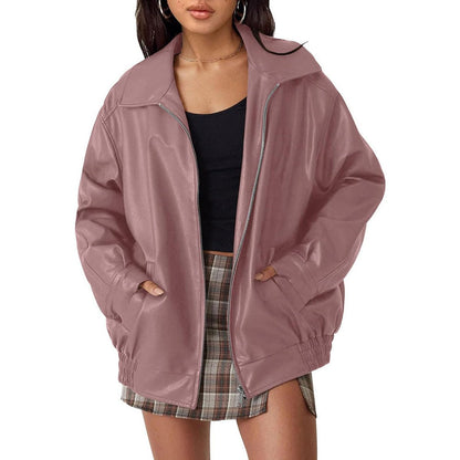 Thora | Women's Oversized Faux Leather Zip-Up Bomber Jacket