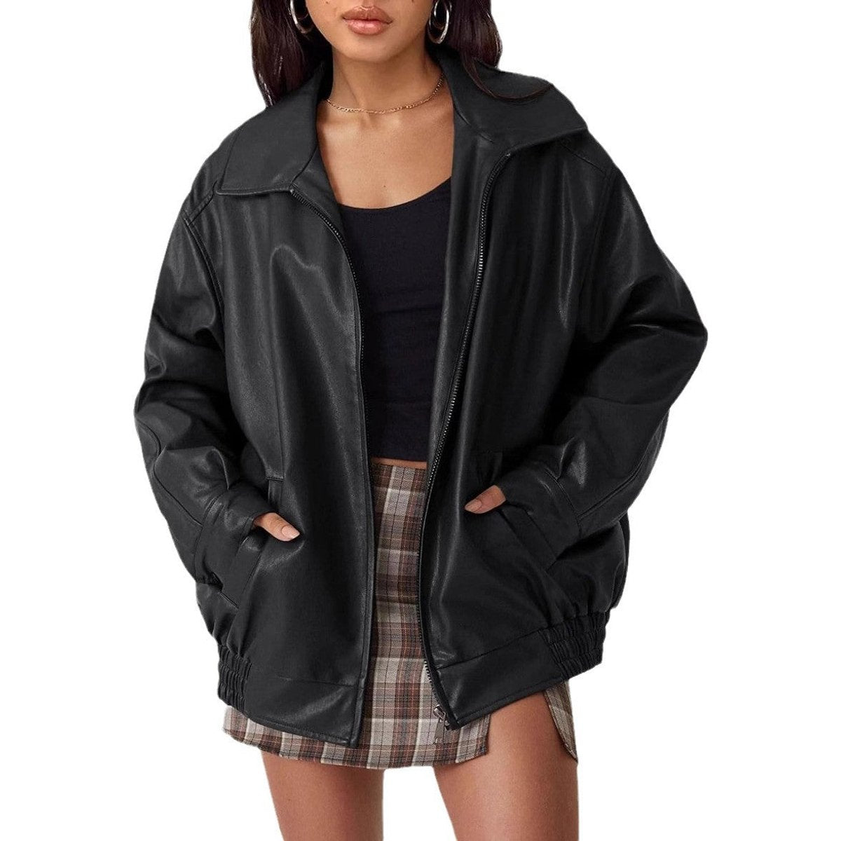 Thora | Women's Oversized Faux Leather Zip-Up Bomber Jacket