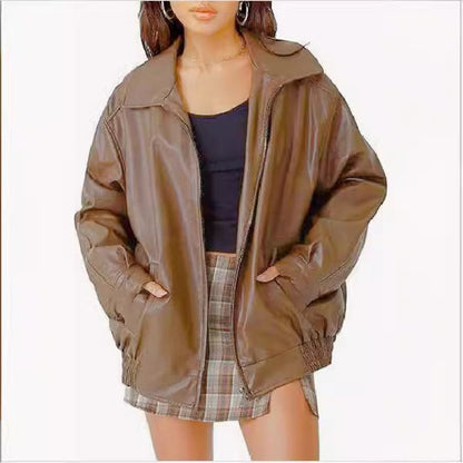 Thora | Women's Oversized Faux Leather Zip-Up Bomber Jacket