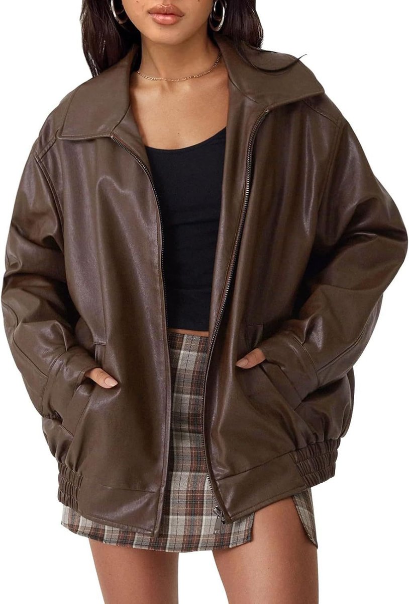 Thora | Women's Oversized Faux Leather Zip-Up Bomber Jacket
