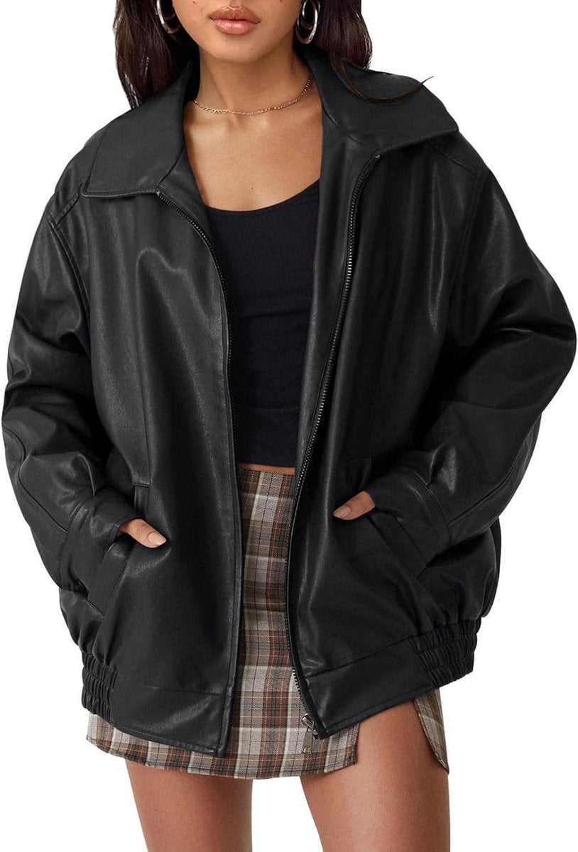 Thora | Women's Oversized Faux Leather Zip-Up Bomber Jacket