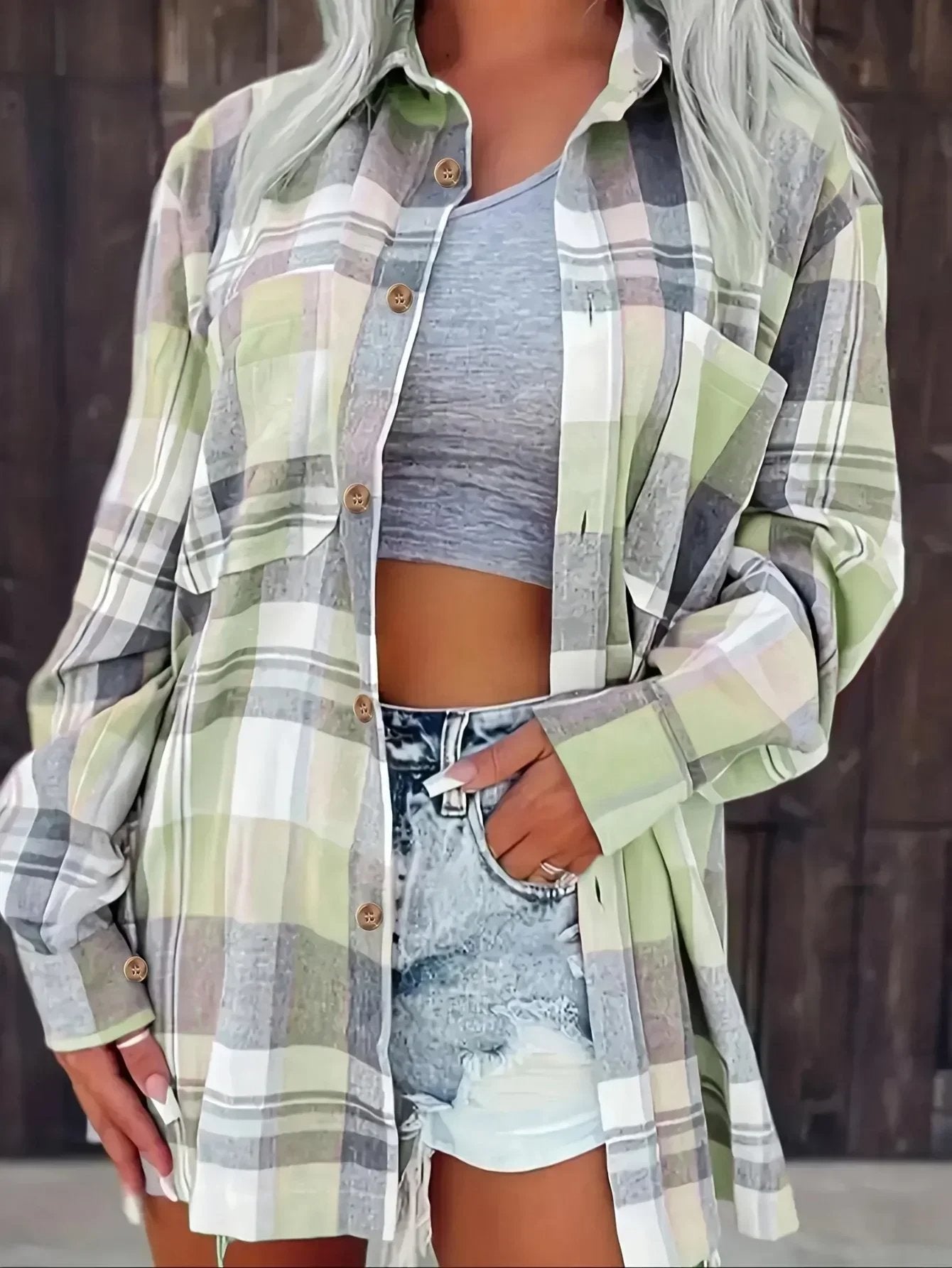 Delphara | Women's Oversized Plaid Long Sleeve Button-Up Shirt