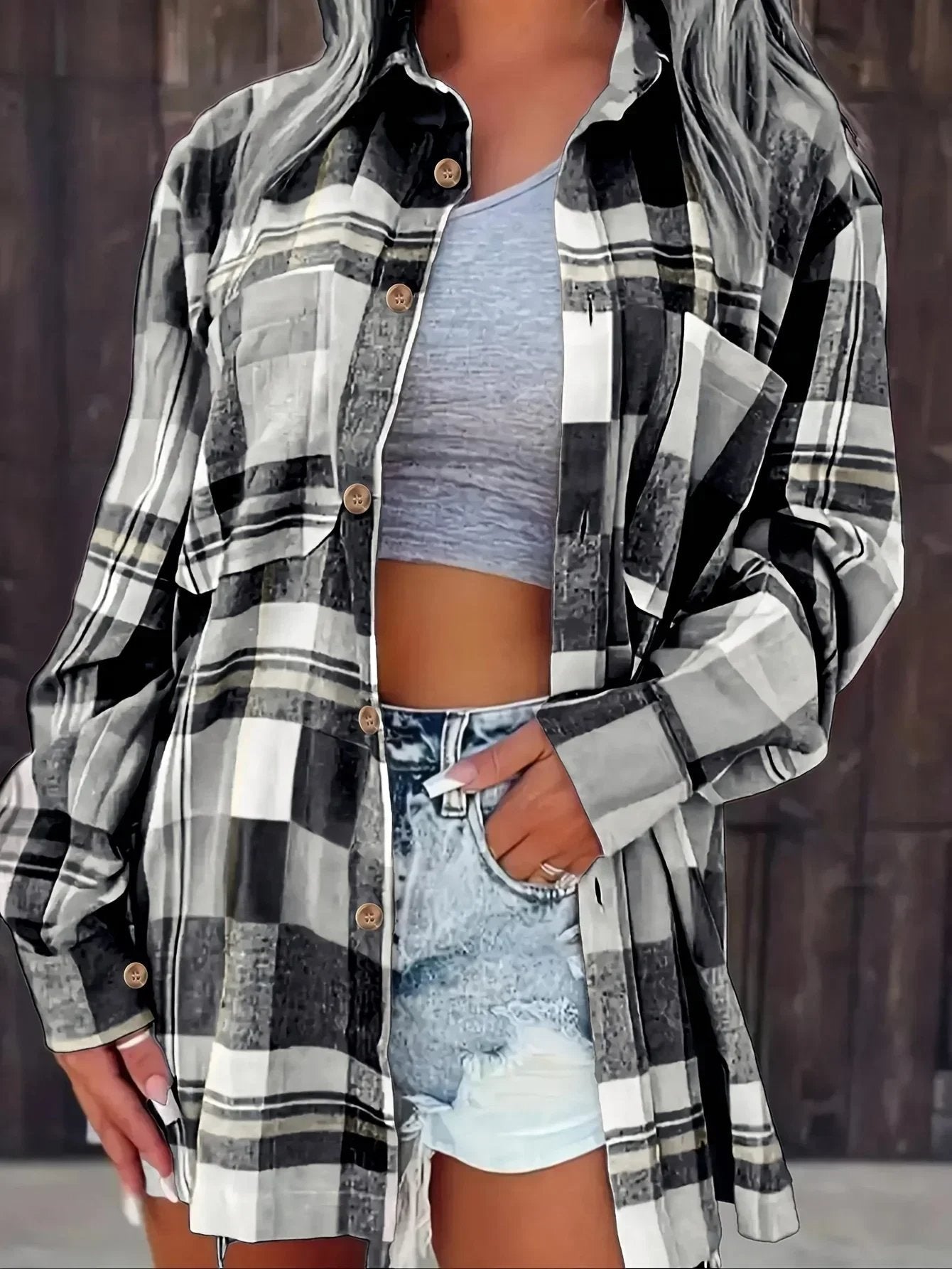 Delphara | Women's Oversized Plaid Long Sleeve Button-Up Shirt