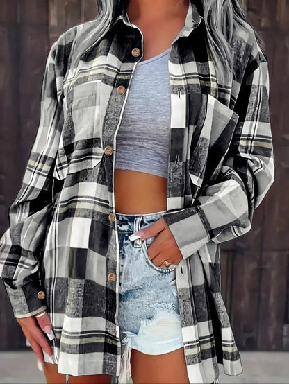 Delphara | Women's Oversized Plaid Long Sleeve Button-Up Shirt