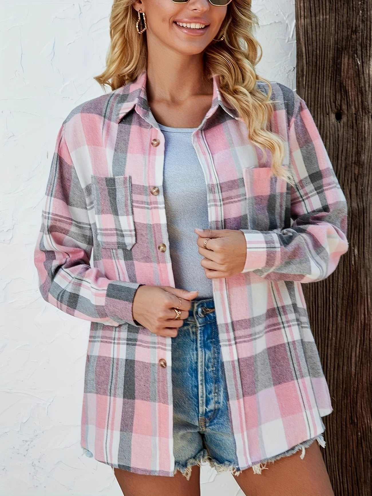 Delphara | Women's Oversized Plaid Long Sleeve Button-Up Shirt