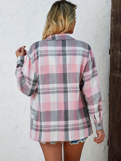 Delphara | Women's Oversized Plaid Long Sleeve Button-Up Shirt