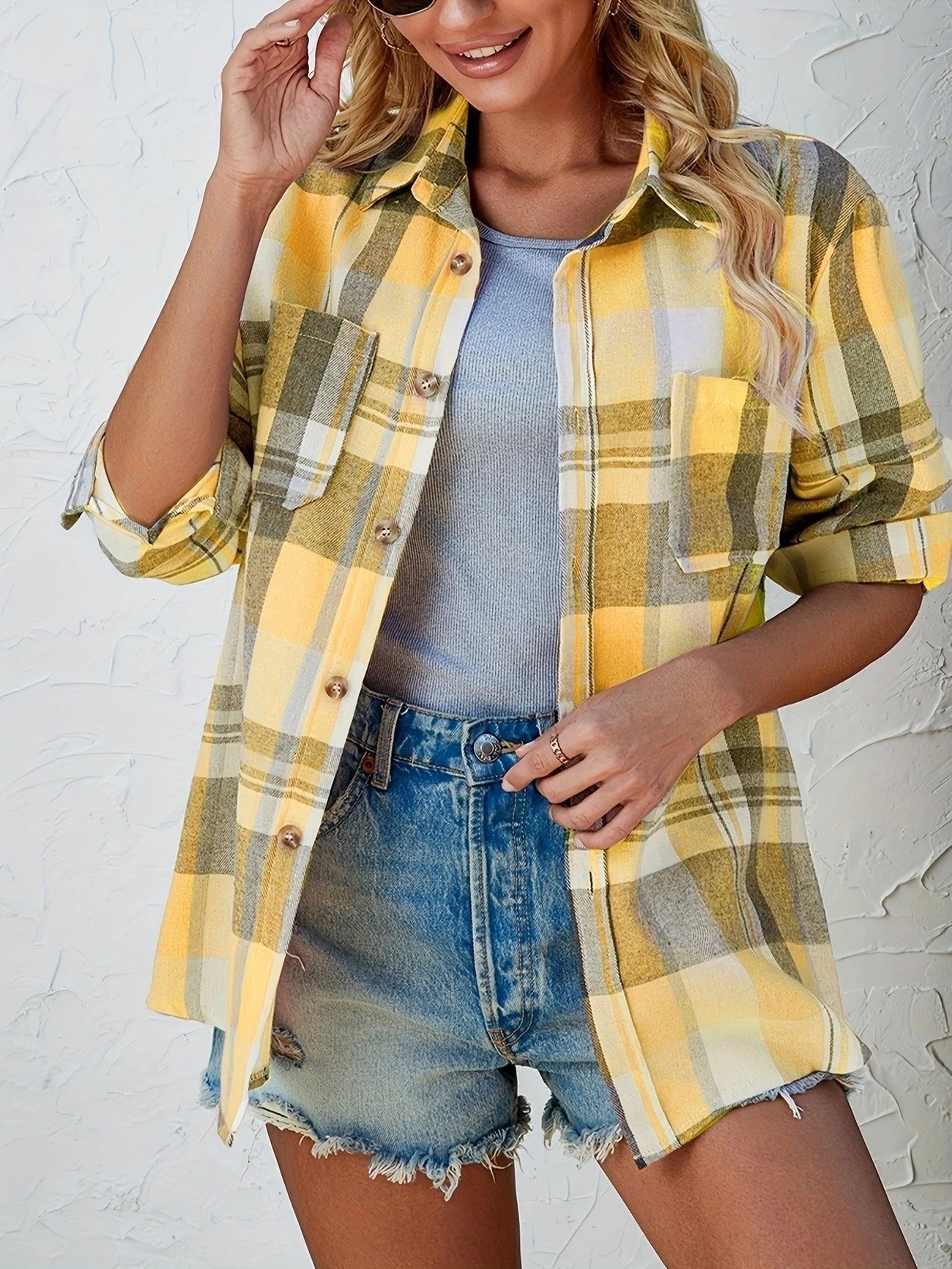 Delphara | Women's Oversized Plaid Long Sleeve Button-Up Shirt