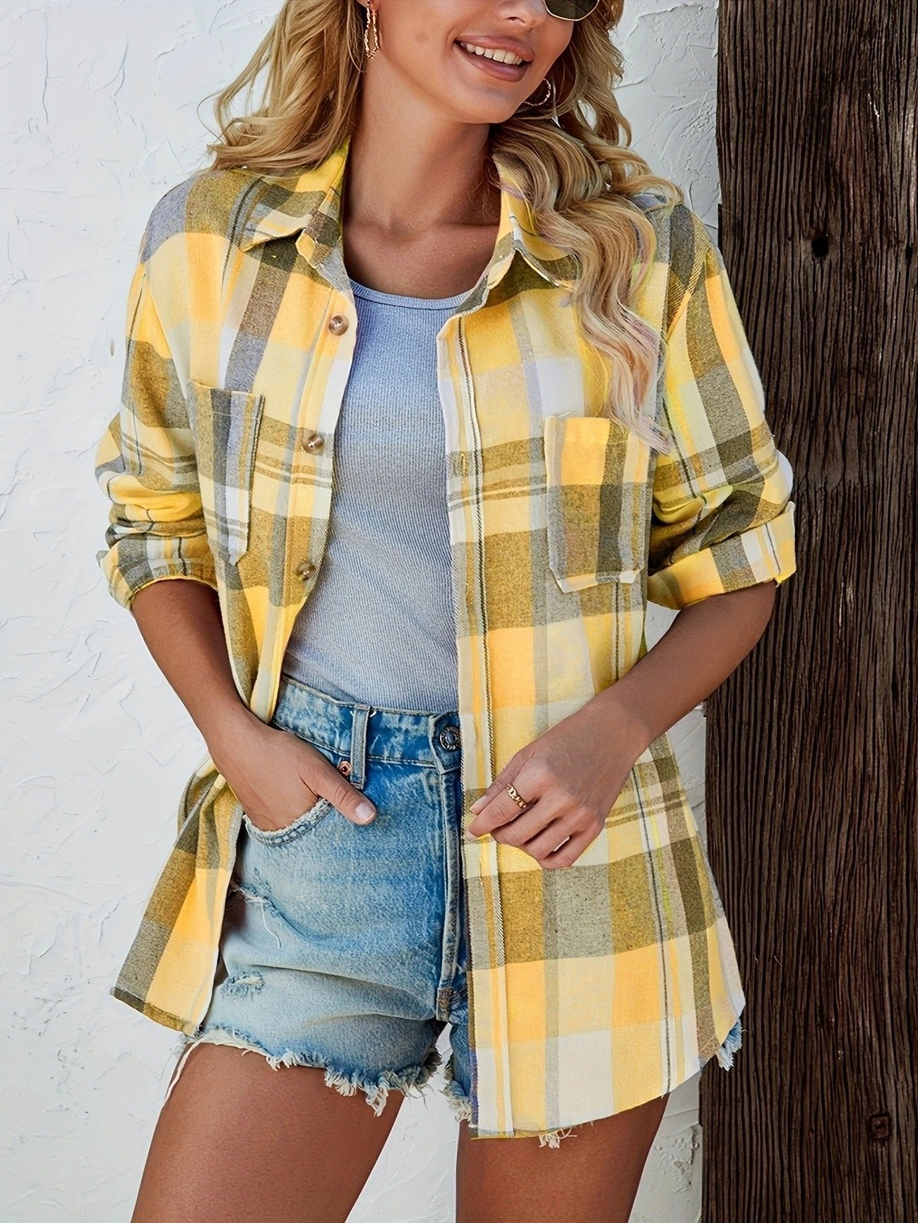 Delphara | Women's Oversized Plaid Long Sleeve Button-Up Shirt