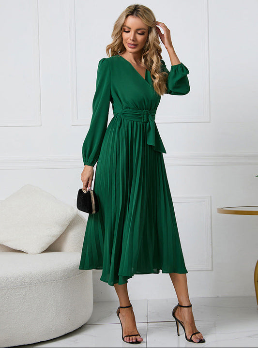 Grace | Long Sleeve Wrap Neck Waist Tie Pleated Midi Wedding Guest Dress