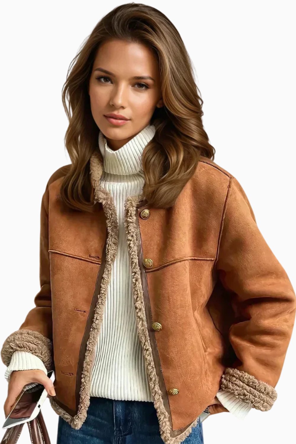 Rosetta | Women's Relaxed-Fit Faux Shearling Button-Front Cropped Winter Jacket