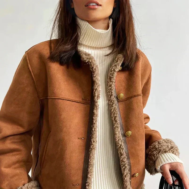 Rosetta | Women's Relaxed-Fit Faux Shearling Button-Front Cropped Winter Jacket