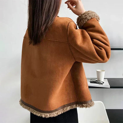 Rosetta | Women's Relaxed-Fit Faux Shearling Button-Front Cropped Winter Jacket