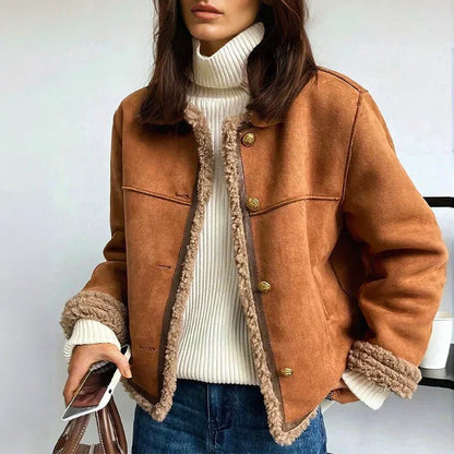 Rosetta | Women's Relaxed-Fit Faux Shearling Button-Front Cropped Winter Jacket