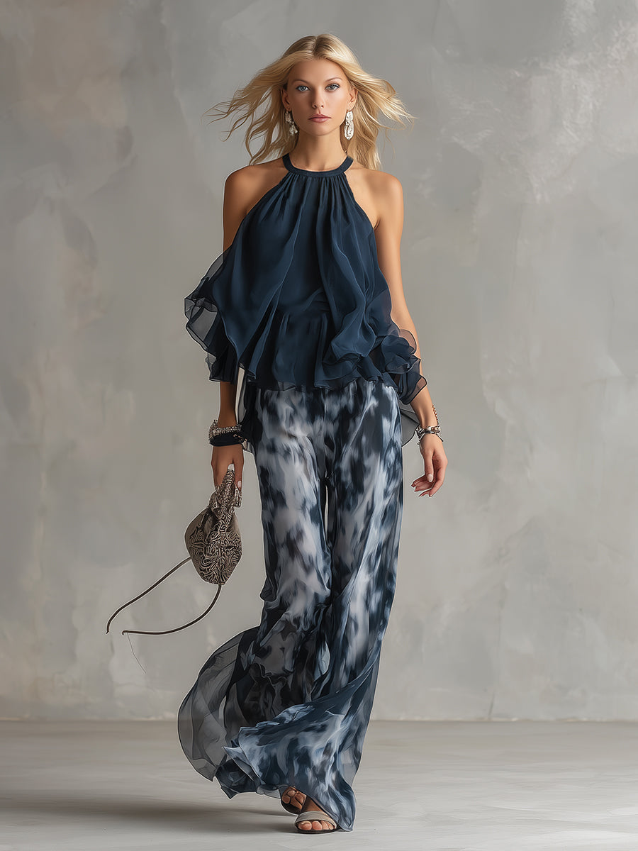 Zephyra | Halter Neck Ruffle Top Tie Dye Print Wide Leg Two Piece Set