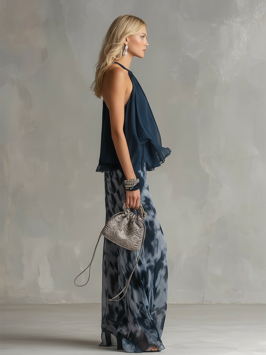 Zephyra | Halter Neck Ruffle Top Tie Dye Print Wide Leg Two Piece Set